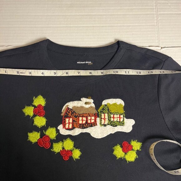 Michael Simon Vintage Y2K Christmas Embroidered Houses M Beaded Shirt Womens - Picture 8 of 11
